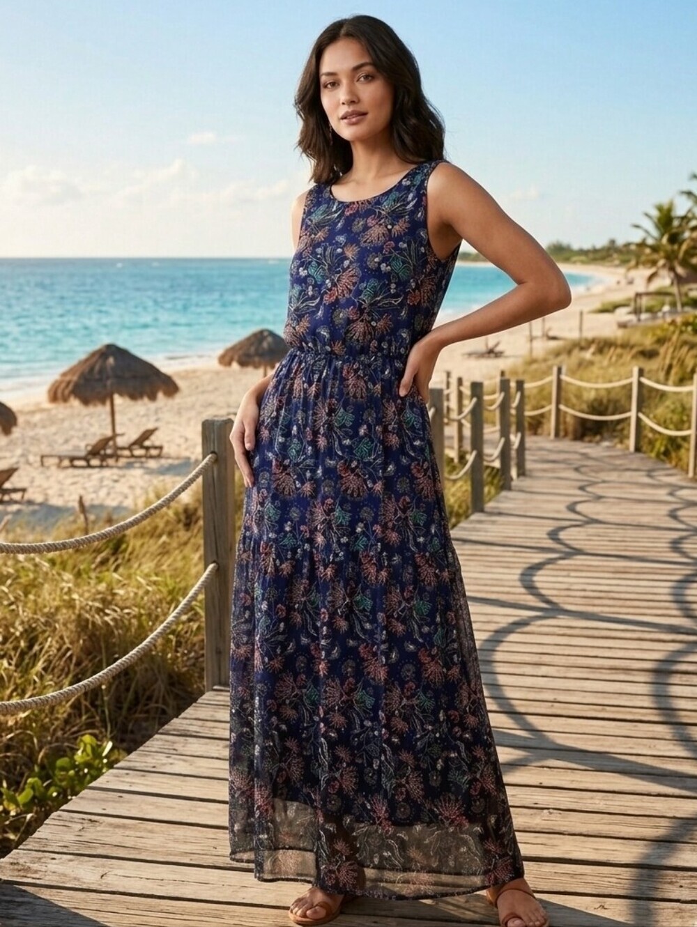 709h Lara Guidotti Silk Blend Tiered Floral Maxi Dress Blue Medium